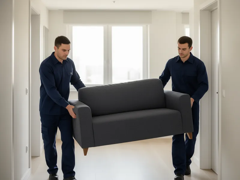 Zwei Umzugshelfer in dunkelblauen Uniformen tragen ein großes Sofa durch einen hellen, modernen Wohnungsflur.