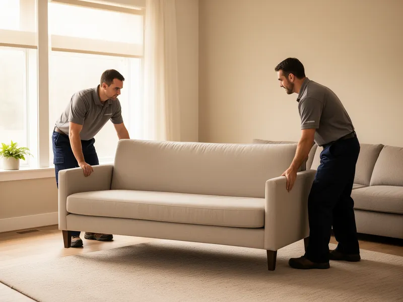 Zwei Umzugshelfer tragen vorsichtig ein einfaches Sofa aus einem hellen Wohnzimmer.