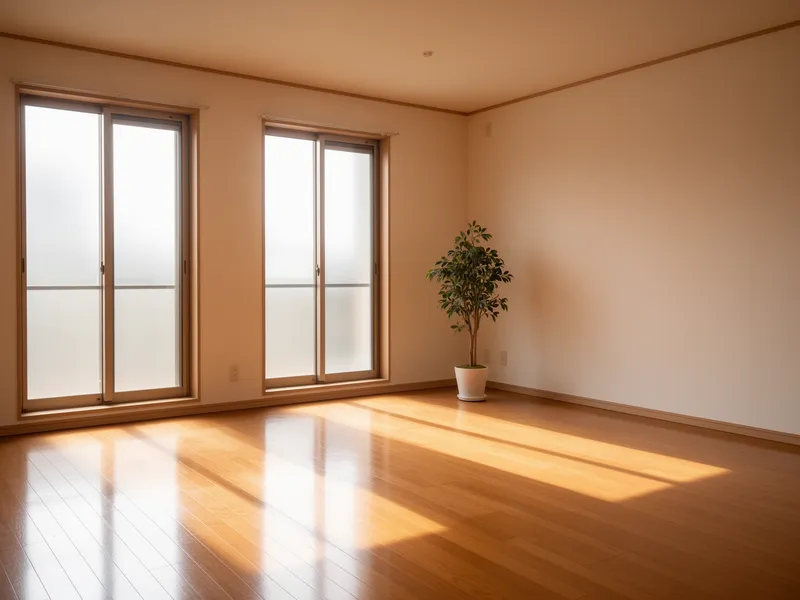 Ein leerer, aufgeräumter Wohnraum mit Holzboden, minimalistischer Einrichtung und Topfpflanze im Morgenlicht.