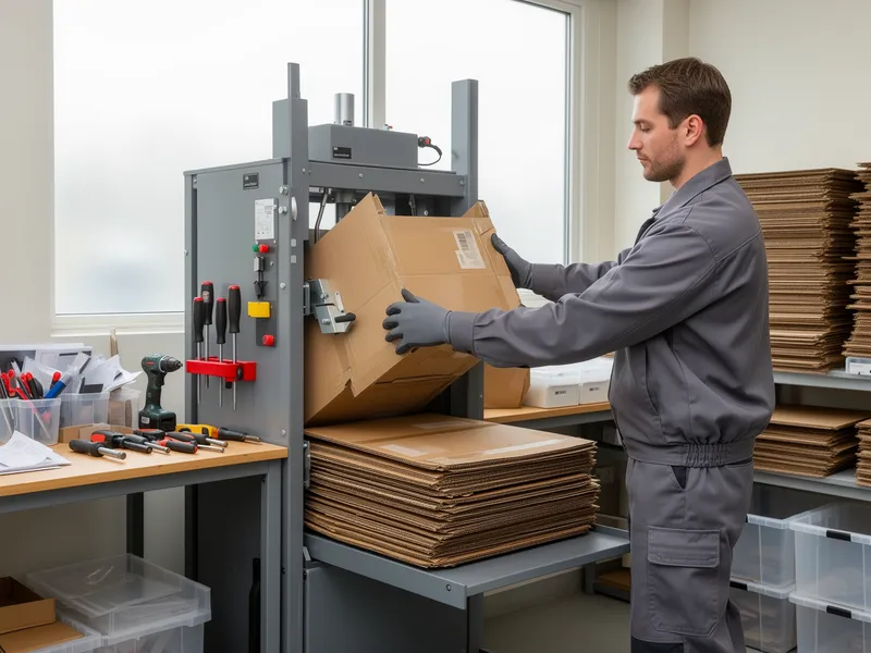 Ein Arbeiter in grauer Uniform bedient eine Kartoffelpresse in einem aufgeräumten Lagerraum.