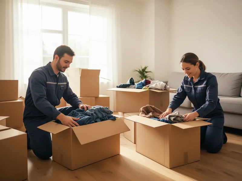 Zwei Arbeiter sortieren und verstauen sorgfältig Gegenstände in Kartons in einem hellen, leeren Wohnzimmer.