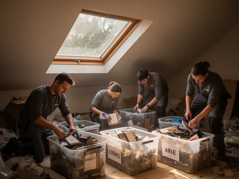 Ein Team in sauberer Arbeitskleidung sortiert sorgfältig Gegenstände auf einem Dachboden.