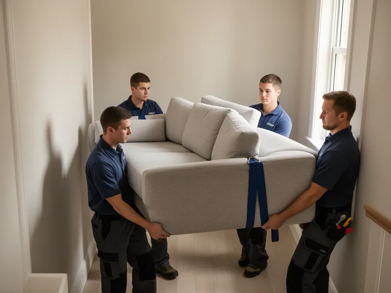 Zwei professionelle Umzugshelfer tragen ein großes Sofa eine Wohnhaustreppe hinab.