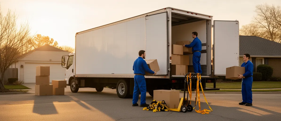 Ein professionelles Team in blauer Arbeitskleidung lädt Umzugskartons in einen unmarkierten Transporter bei Sonnenuntergang.