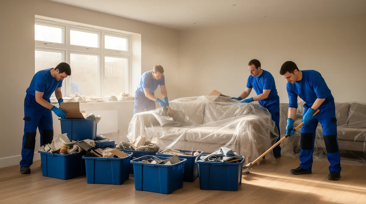 Ein Team in blauer Arbeitskleidung sortiert Gegenstände in einem leeren Wohnzimmer nach einem Haushaltsauflös.