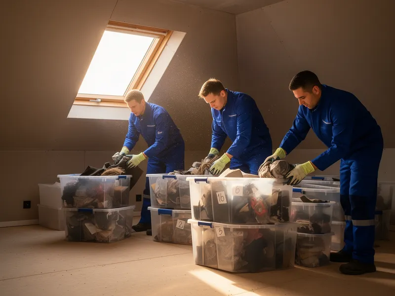Ein Team in blauer Arbeitskleidung sortiert Gegenstände auf einem Dachboden in Plastikboxen.