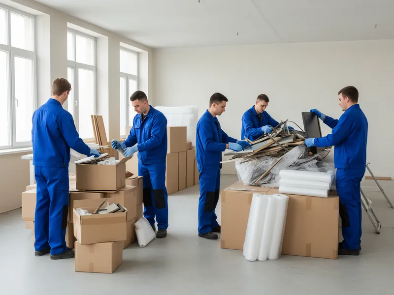 Ein Team in blauer Arbeitskleidung sortiert geborgene Gegenstände in einem leeren Raum mit gestapelten Kartons.