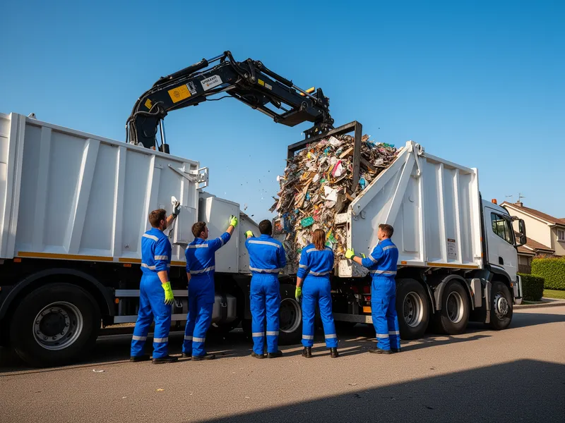 Ein Team in blauer Arbeitskleidung bedient einen Müllverdichter auf einer sauberen Vorstadtstraße.
