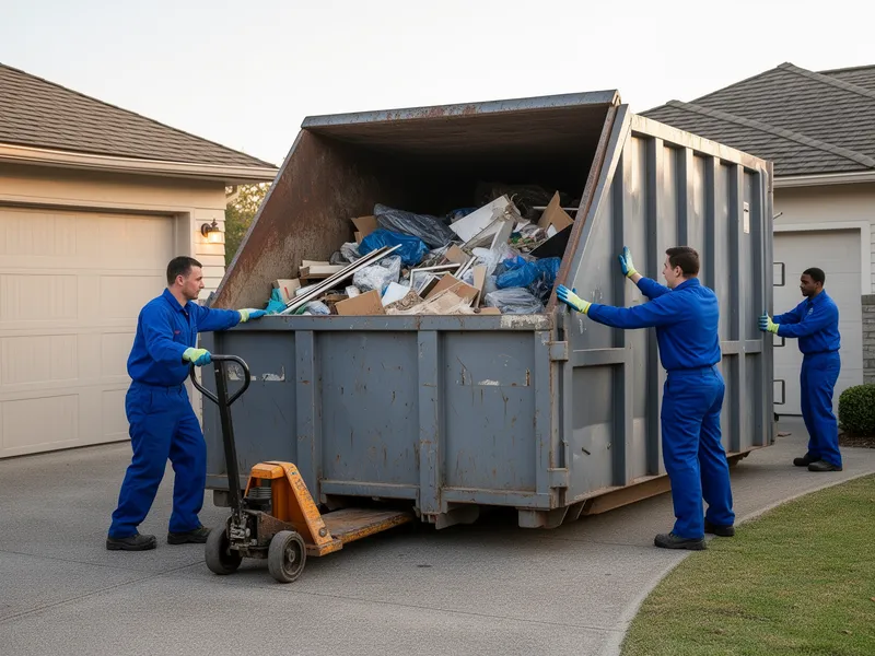Ein Team in blauer Arbeitskleidung lädt sortierte Materialien mit einem Schwerlastwagen in einen großen Container auf einer