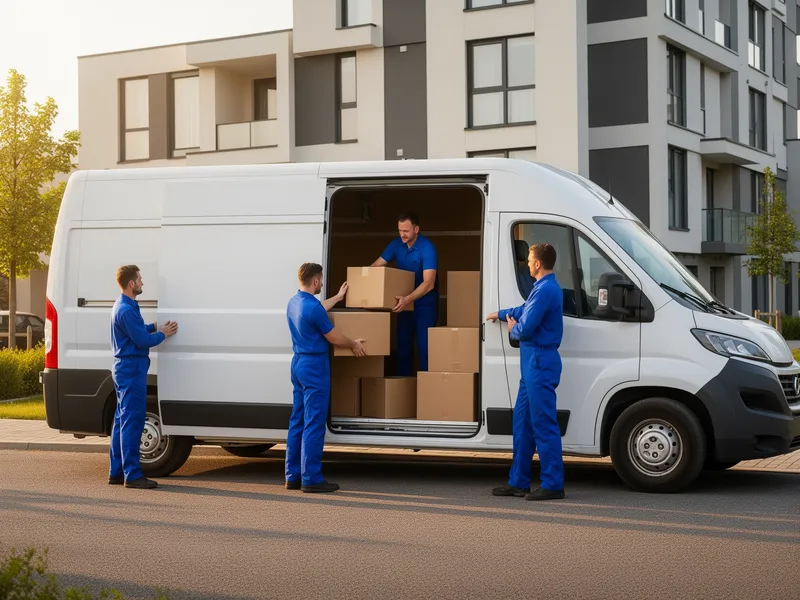 Ein Team in blauer Arbeitskleidung lädt Umzugskartons in einen weißen Transporter vor einem modernen Wohnhaus.