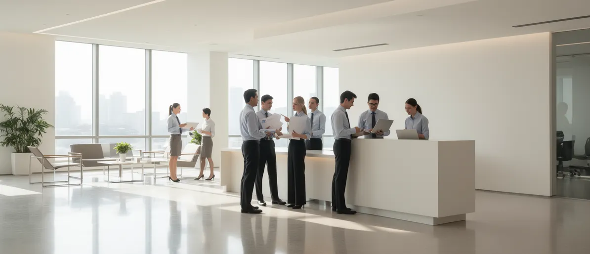 Ein professionelles Team in moderner Büroempfangshalle bespricht Projektpläne an einem sauberen Schreibtisch bei Morgenlicht.