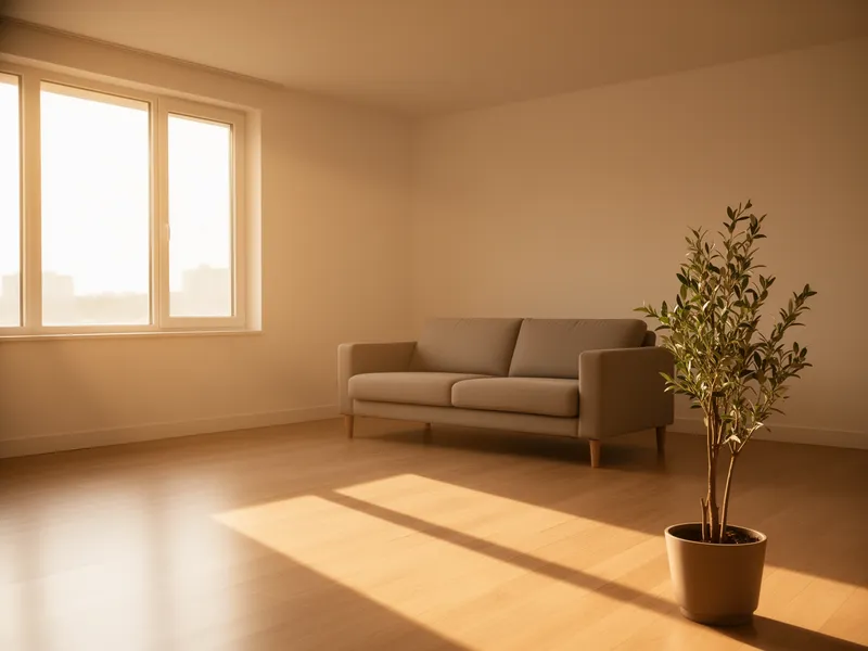 Ein aufgeräumter, sonnendurchfluteter Wohnraum mit minimalistisch angeordneten Möbeln und einer dekorativen Pflanze.
