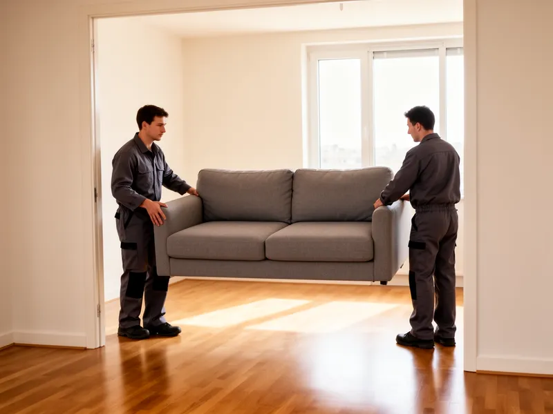 Zwei Arbeiter in grauen Uniformen transportieren ein Sofa durch eine leere Wohnung mit Holzboden.