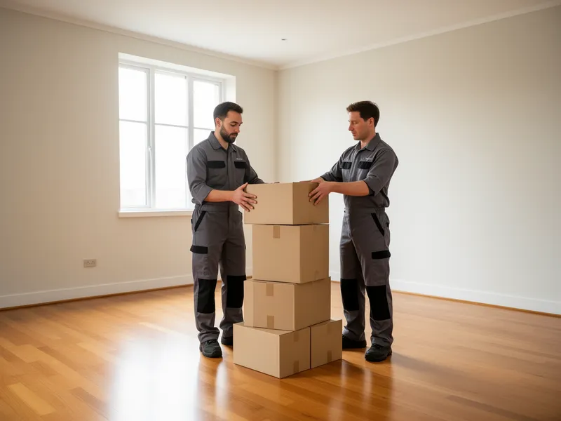 Zwei Arbeiter in grauen Uniformen stapeln leere Kartons in einem leeren, sonnendurchfluteten Raum.