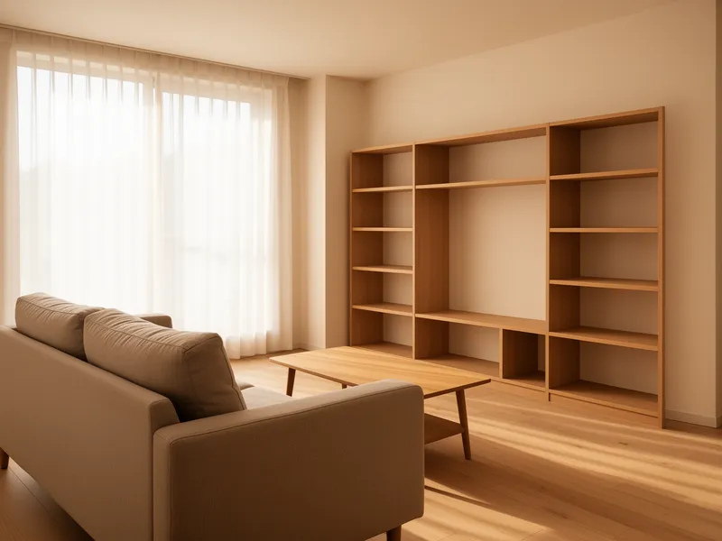 Ein minimalistisches Wohnzimmer mit weichen Morgenlicht, bequemer Couch und leeren Regalen in warmen Farbtönen.