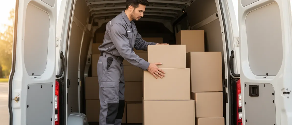 Ein Arbeiter in grauer Uniform stapelt sorgfältig Umzugskartons im Inneren eines sauberen Transporters.