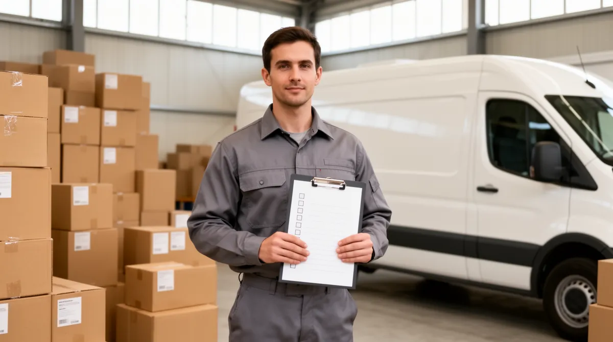 Ein Arbeiter in grauer Uniform steht mit einer Checkliste in einem aufgeräumten Lagerhaus vor einem weißen Transporter.
