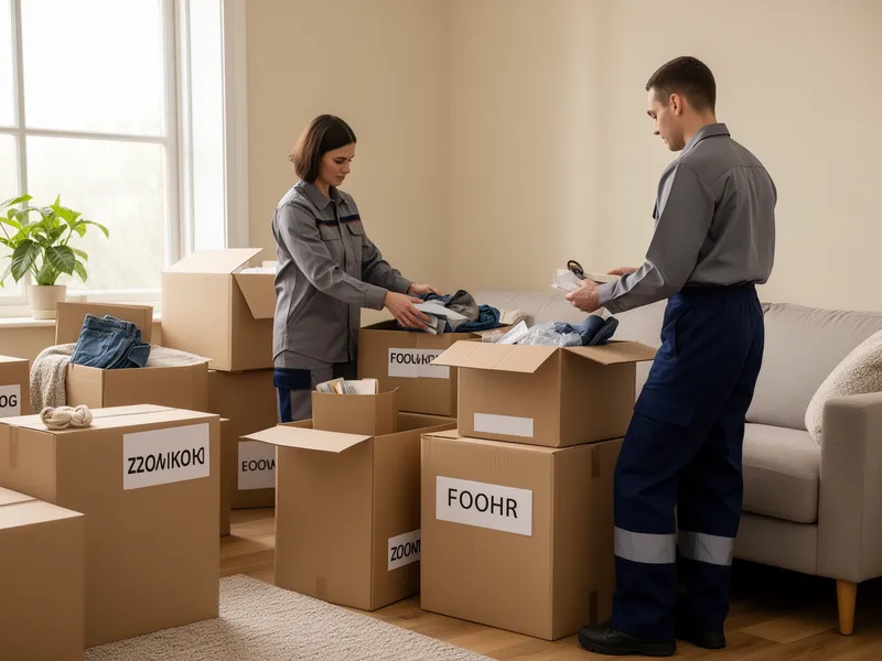 Ein Arbeiter in grauer Uniform sortiert sorgfältig Gegenstände in einem Wohnzimmer in beschriftete Kartons.