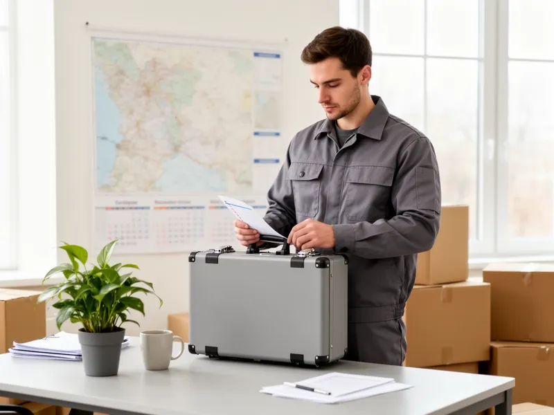 Ein Arbeiter in grauer Uniform prüft eine Checkliste auf einem Werkzeugkoffer in einem hellen Büro.
