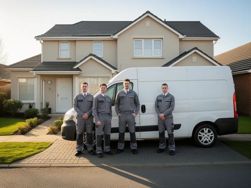 Ein Geschäftsteam in grauen Uniformen steht neben einem weißen Transporter in einer sauberen Einfahrt vor einem Haus.