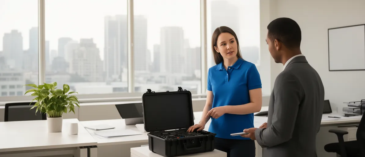 Eine Frau in blauem Polohemd zeigt einem Kunden eine Werkzeugtasche in einem modernen Büro.