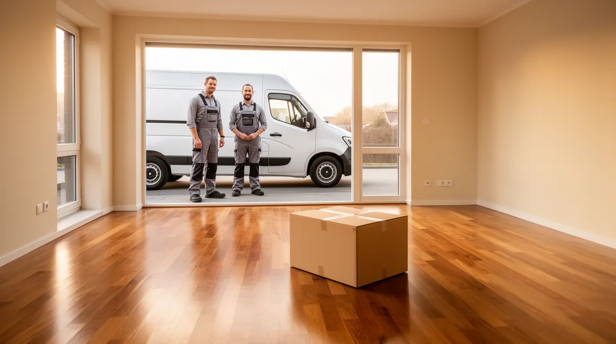 Ein leerer Wohnzimmerraum mit Parkettboden, zwei Umzugshelfer neben einem Transporter vor dem Fenster.