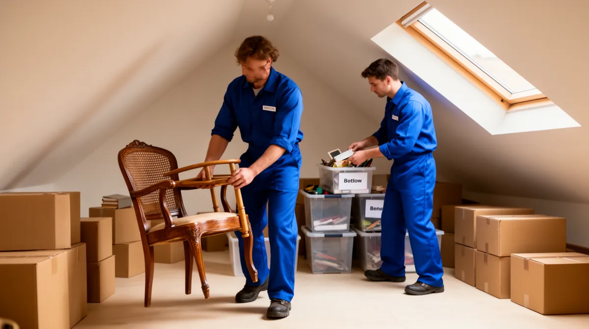 Ein Team in blauer Arbeitskleidung räumt einen Dachboden auf, sortiert Gegenstände und trägt einen antiken Stuhl.