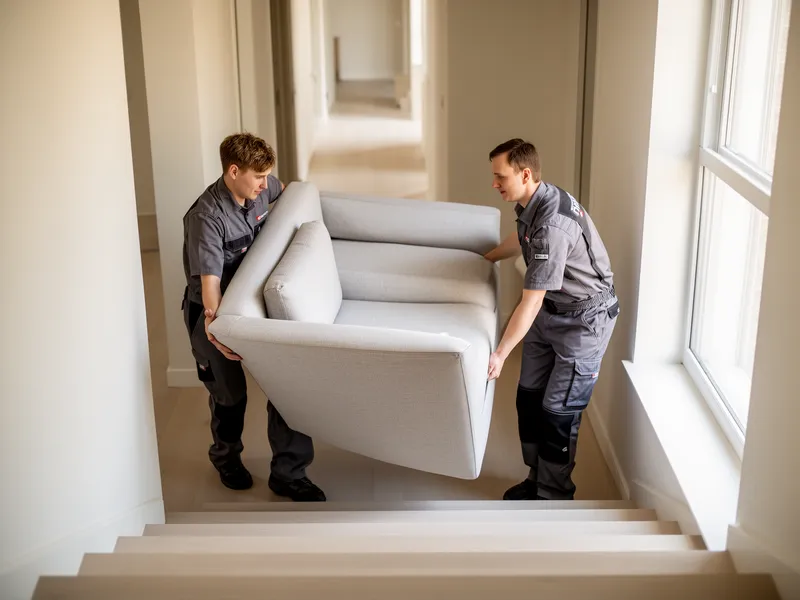 Zwei Arbeiter in grauer Kleidung tragen ein großes Sofa eine helle Treppe hinunter.