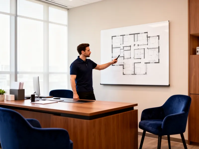 Ein Berater in Polohemd studiert einen digitalen Grundriss an der Wand in einem modernen Büroempfang.