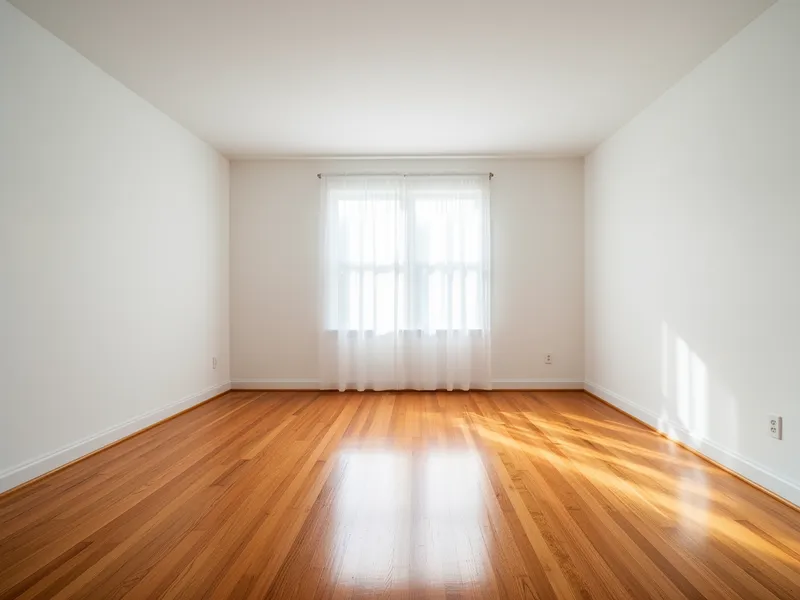 Ein sonnendurchflutetes, leeres Schlafzimmer mit frisch gestrichenen weißen Wänden und Holzboden.