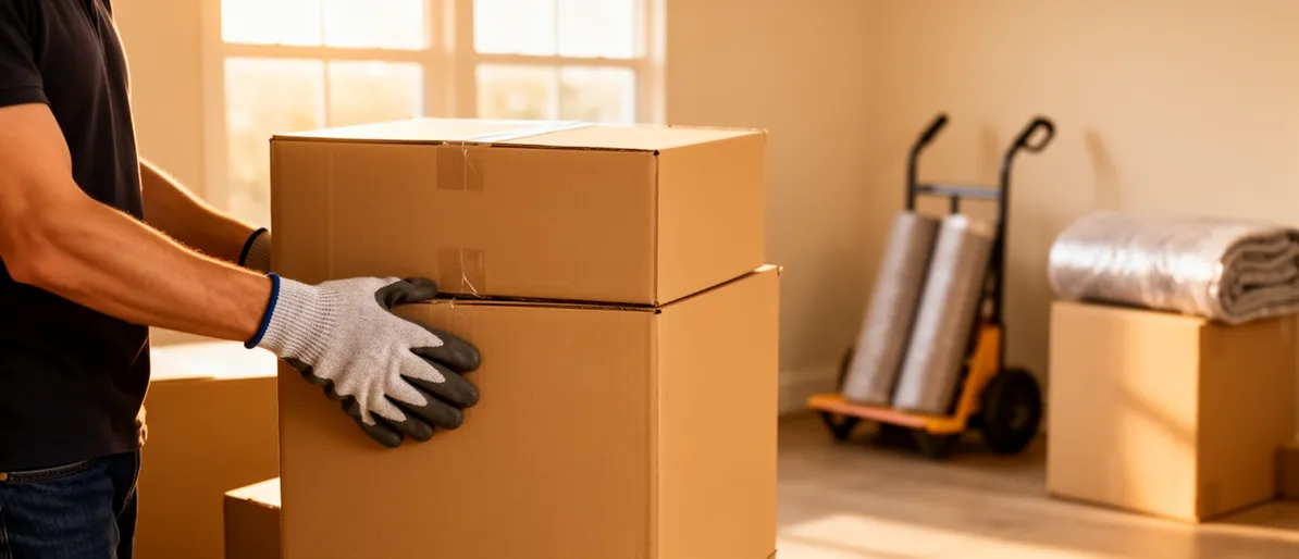 Eine Person mit Arbeitshandschuhen stapelt sorgfältig Umzugskartons in einem aufgeräumten Raum.