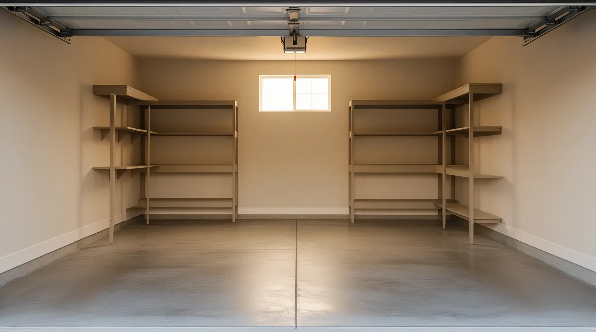 Ein leerer, aufgeräumter Garagenraum mit leeren Regalen und gefegtem Betonboden.