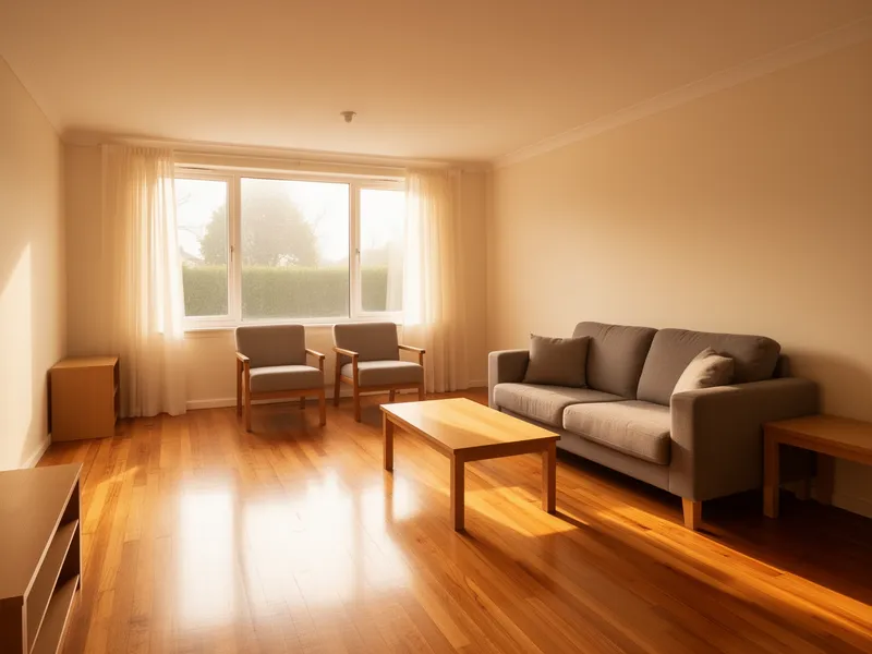 Ein aufgeräumtes Wohnzimmer mit polierten Holzböden und geordneten Möbeln in warmem Morgenlicht.