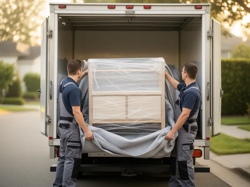 Zwei Umzugshelfer laden ein großes, eingepacktes Möbelstück in einen unmarkierten Transporter.