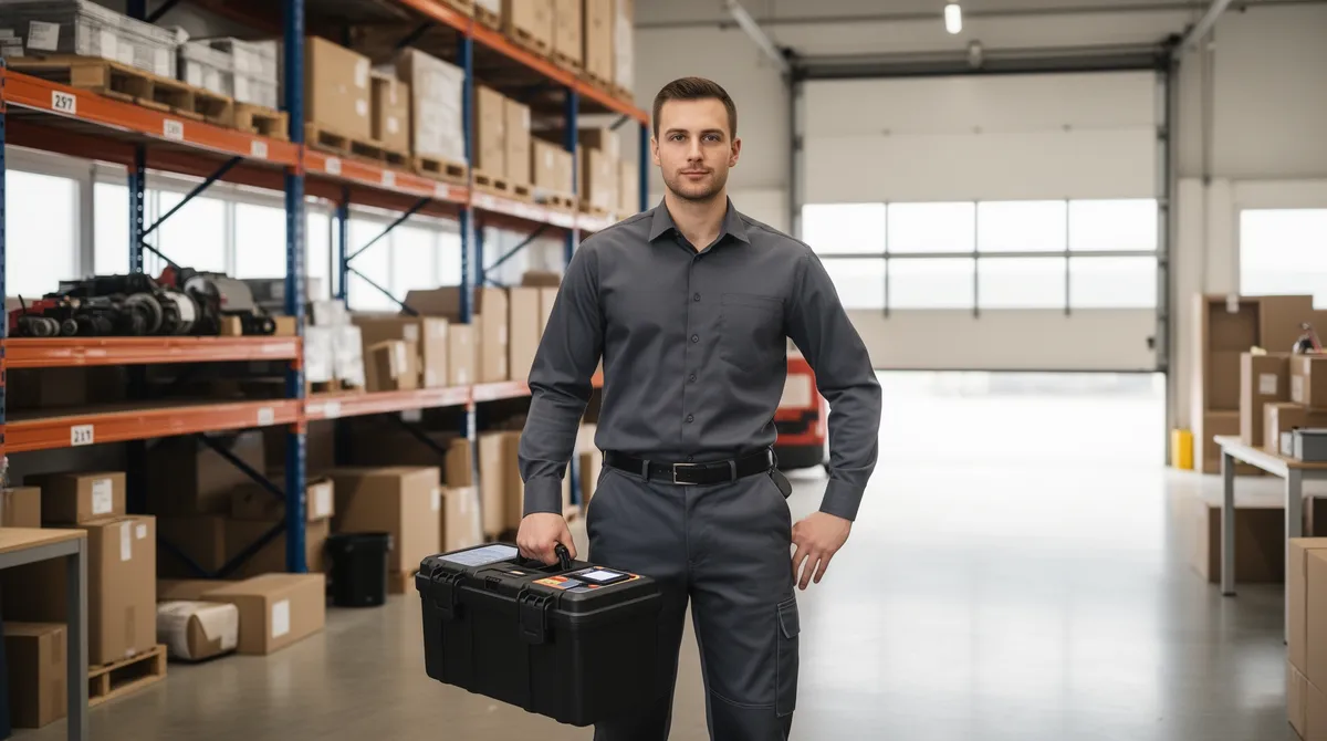Ein Arbeiter in sauberer Kleidung steht mit Werkzeugkoffer in einem ordentlichen Lagerbüro vor Regalen.