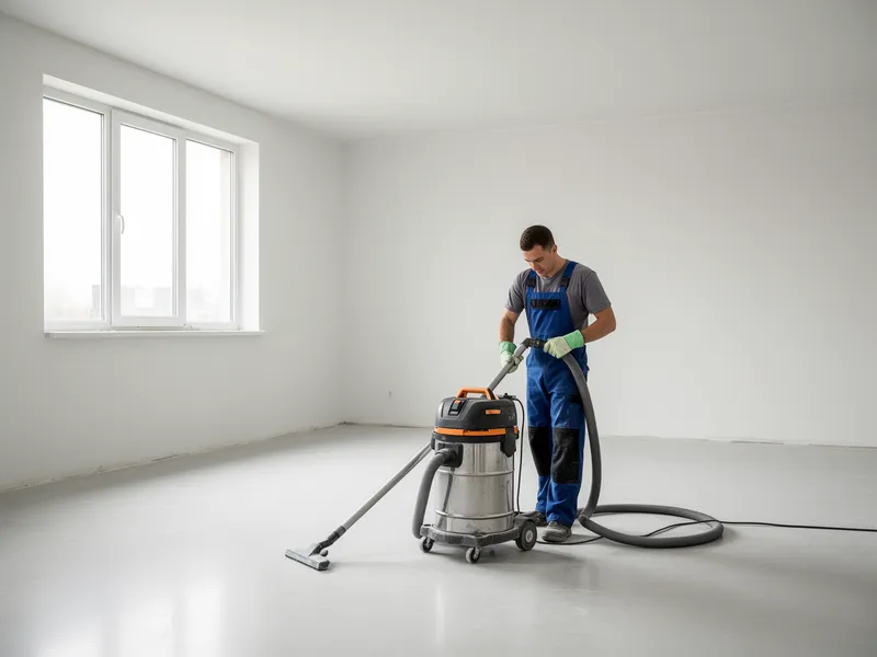 Ein Arbeiter in Schutzhandschuhen bedient einen Industriestaubsauger in einem leeren, sauberen Raum.