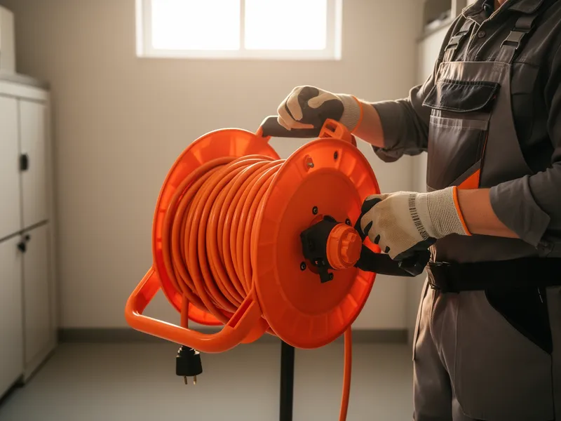 Ein Arbeiter bedient eine orangefarbene Kabeltrommel in einem aufgeräumten Lagerraum.