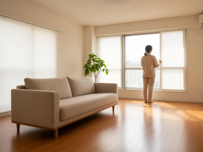 Ein minimalistisches Wohnzimmer mit Sofa, Pflanze und einer Person am Fenster in ruhigem Morgenlicht.