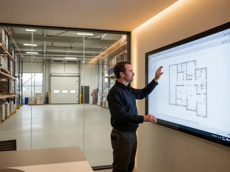 Ein Mitarbeiter prüft einen digitalen Grundriss auf einem Touchscreen in einem modernen Büro mit Lager im Hintergrund.