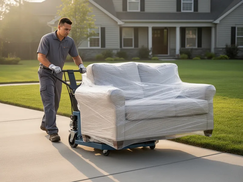 Ein Umzugsspezialist transportiert ein eingepacktes Sofa mit einem elektrischen Hubwagen über eine saubere Auffahrt.