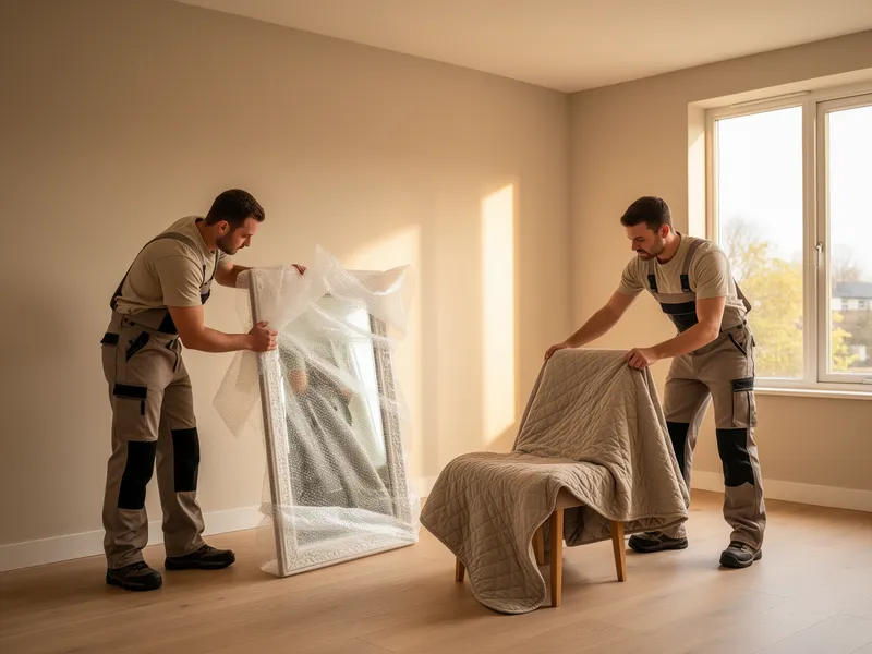Zwei Umzugshelfer verpacken sorgfältig einen Spiegel und einen Stuhl in einem leeren Wohnzimmer.