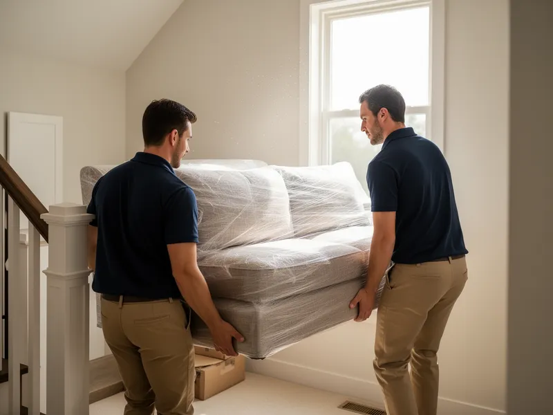 Zwei Umzugshelfer in blauen Hemden tragen ein großes Sofa eine Treppe hinab in einem hellen Wohnhaus.