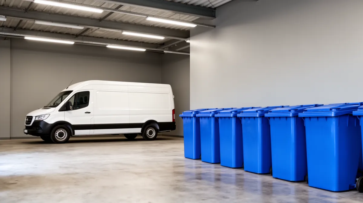 Ein sauberer weißer Lieferwagen in einer geordneten Werkhalle mit blauen Recyclingbehältern an der Wand.