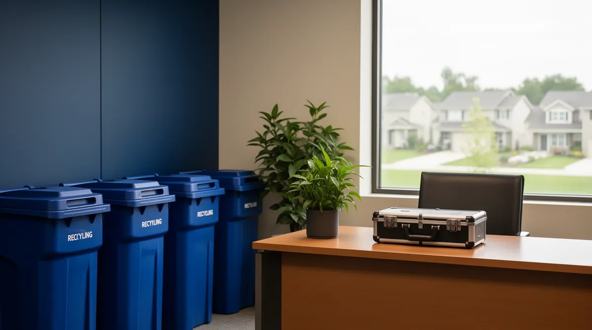 Ein aufgeräumtes Büro mit blauen Recyclingbehältern, einem sauberen Schreibtisch und einem Fensterblick auf eine Wohngegend.