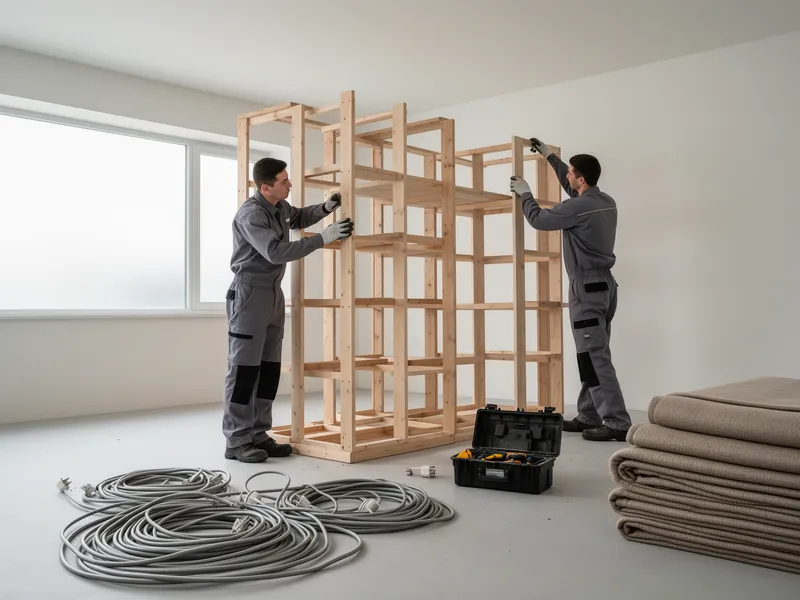 Zwei Arbeiter in grauen Uniformen demontieren ein großes Holzregal in einem leeren, hellen Raum.