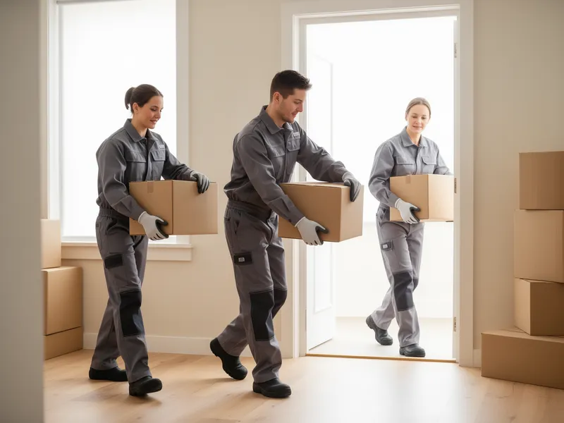 Zwei Arbeiter in grauen Uniformen tragen Kartons aus einer Wohnung durch eine helle Tür.