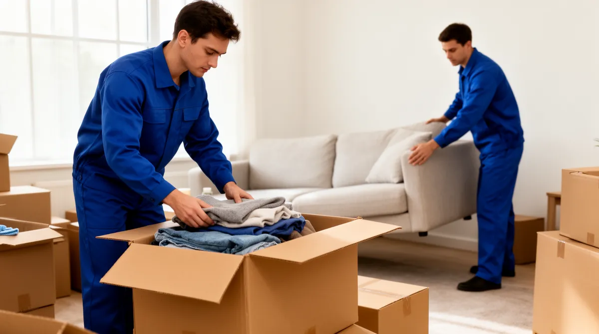 Ein Reinigungsteam in blauer Arbeitskleidung räumt einen sauberen Wohnraum, packt Kartons und bewegt ein Sofa.
