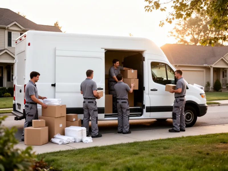 Ein Umzugsteam in grauer Arbeitskleidung lädt Kisten in einen weißen Transporter vor einem Wohnhaus.