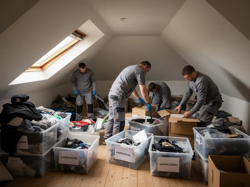 Ein Team in grauer Arbeitskleidung räumt einen Dachboden auf und sortiert Gegenstände in beschriftete Kisten.