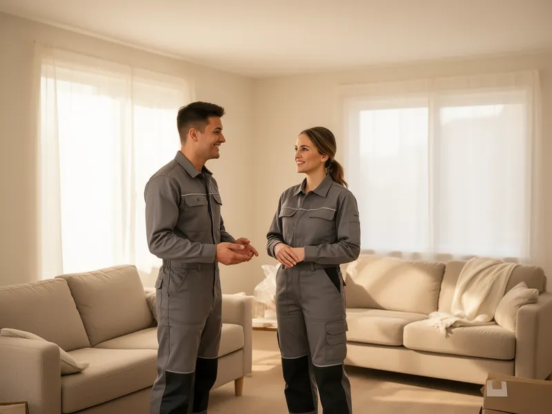 Zwei Handwerker besprechen Renovierungsarbeiten mit einer Hausbesitzerin in einem sonnigen Wohnzimmer.
